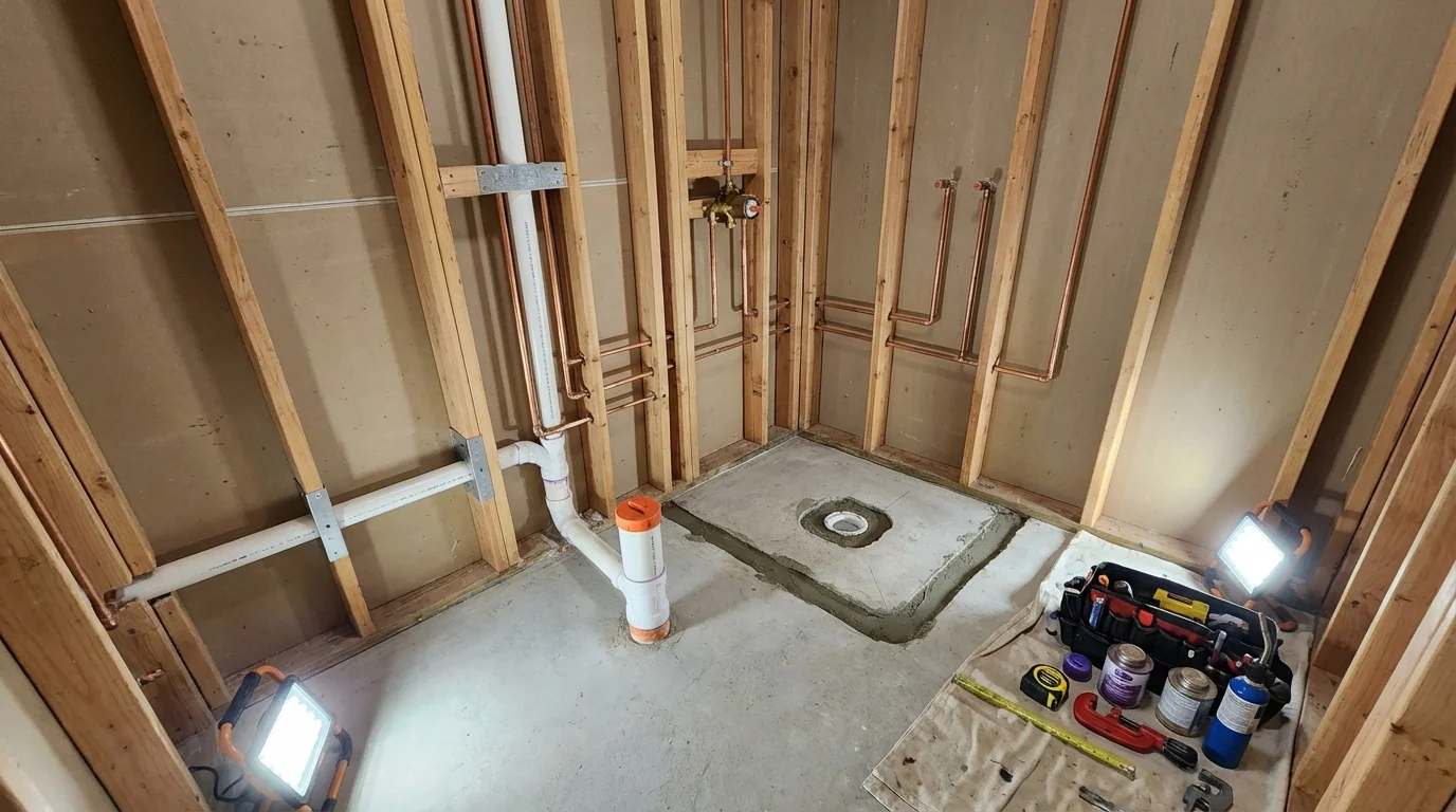 Bathroom rough-in plumbing during remodel by Johns Plumbing LLC in Davison
