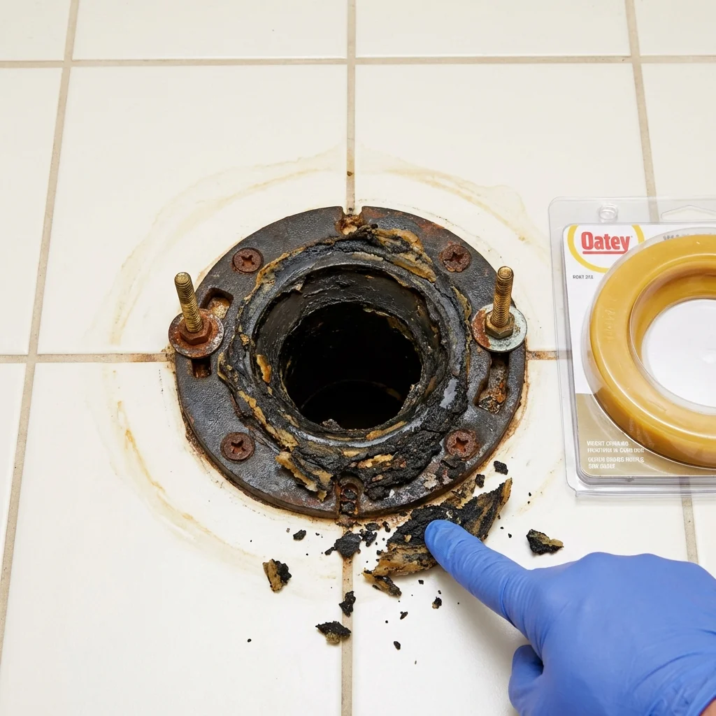 Failed wax ring showing water seepage at the base of a toilet in a Davison, MI home