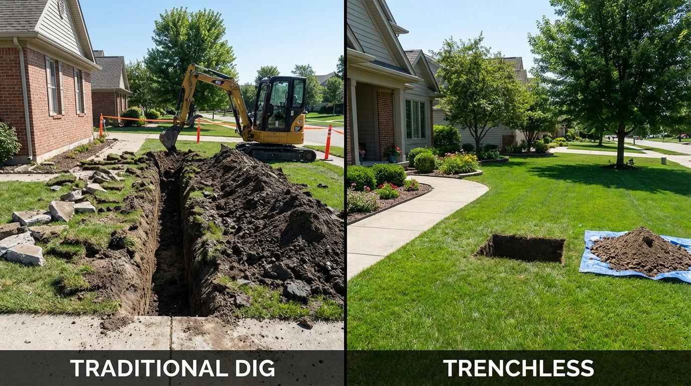 Trenchless sewer repair with minimal yard damage versus traditional excavation in Davison, MI