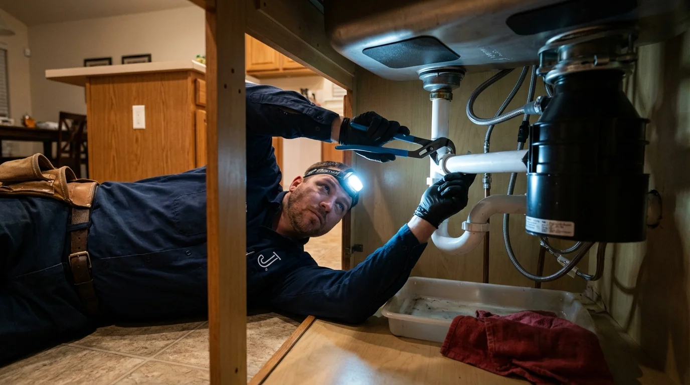 P-trap and supply line connections under a kitchen sink showing a common leak point in Davison, MI